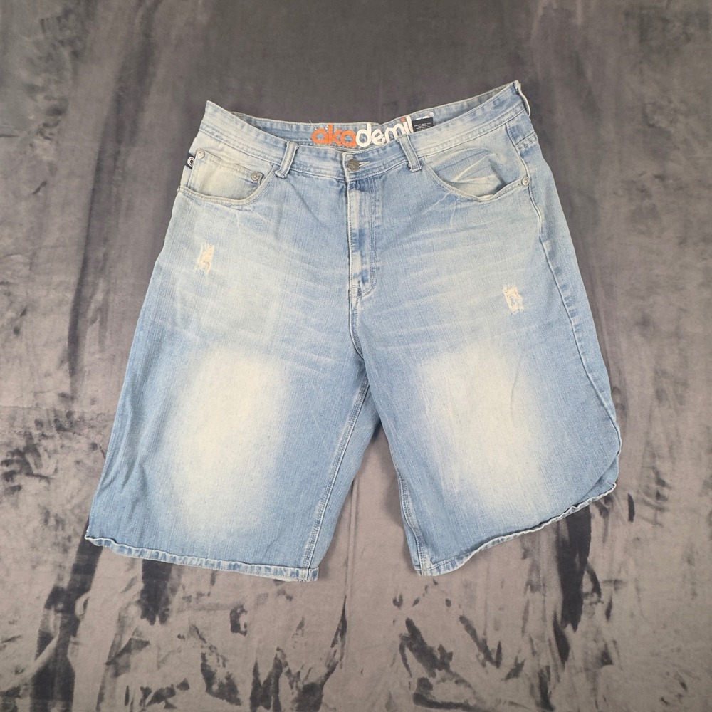 Akademiks Denim Shorts Mens 40 Light Blue Distressed Relaxed Fit Streetwear